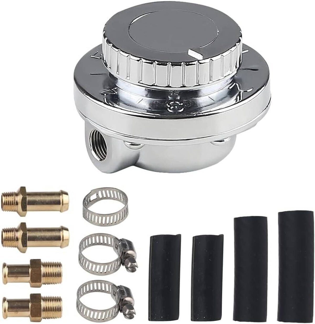 Fuel pressure regulator kit with chrome regulator, brass fittings, clamps, and black hoses