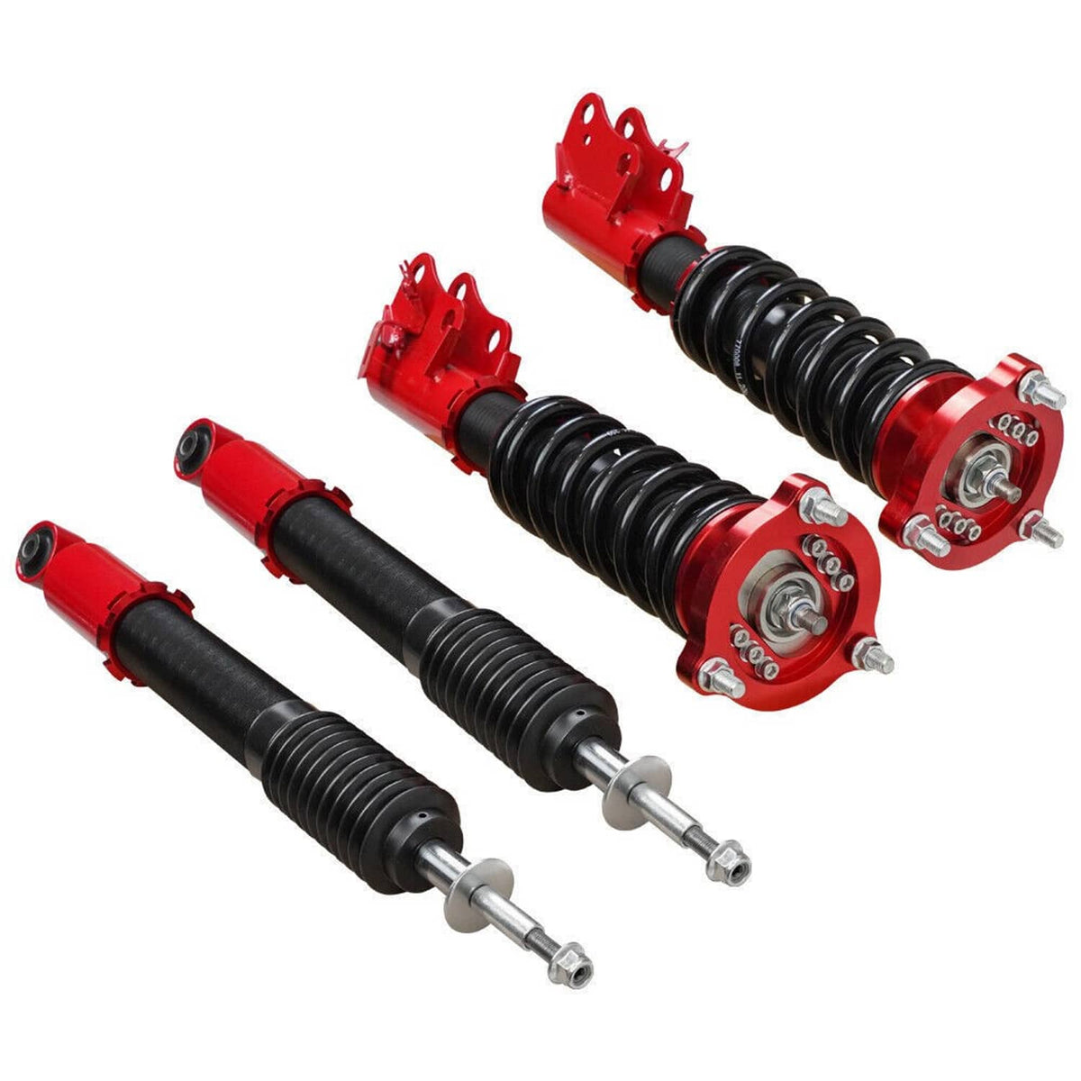 Two red coilover struts with black springs and two additional black shocks with rods