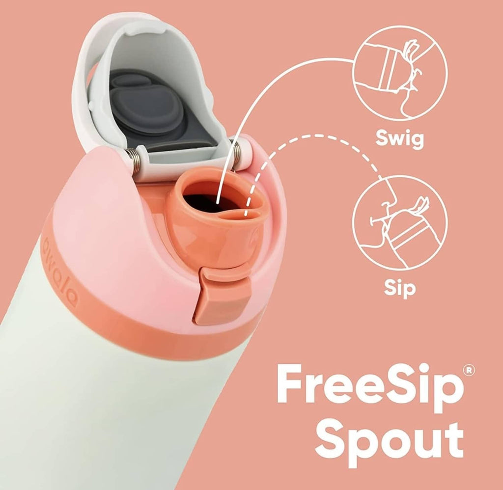 Insulated stainless steel water bottle with open spout and orange drinking nozzle