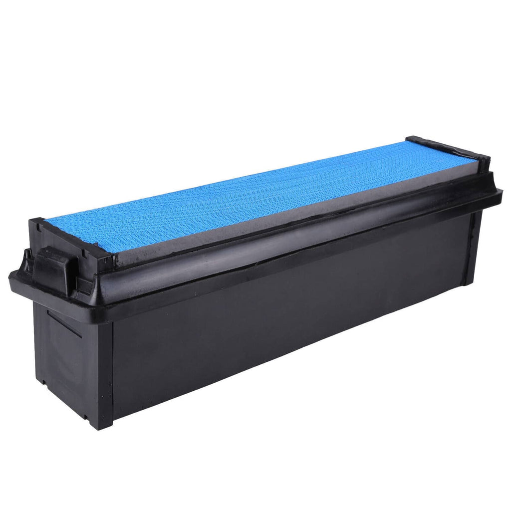 Engine air filter box with blue pleated media and black frame