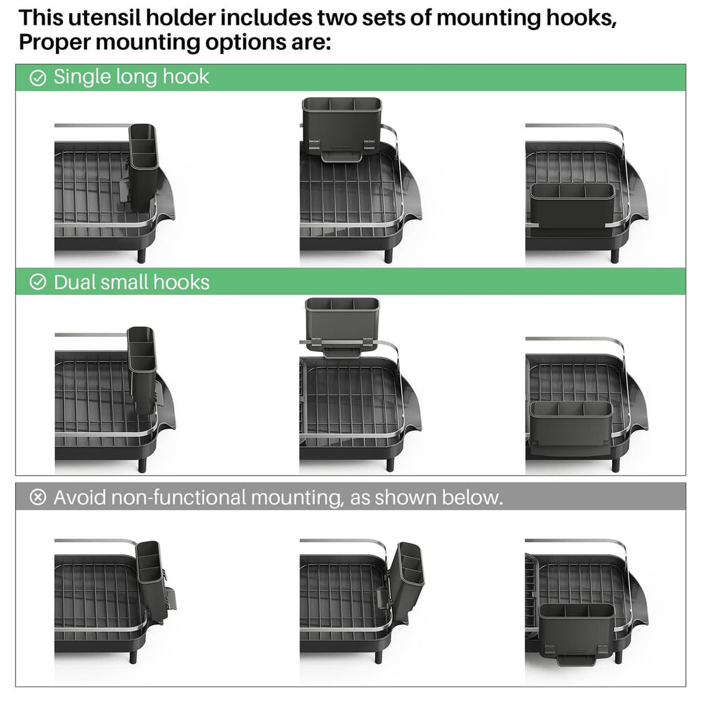 Black utensil holder attachment with two sets of mounting hooks for dish rack
