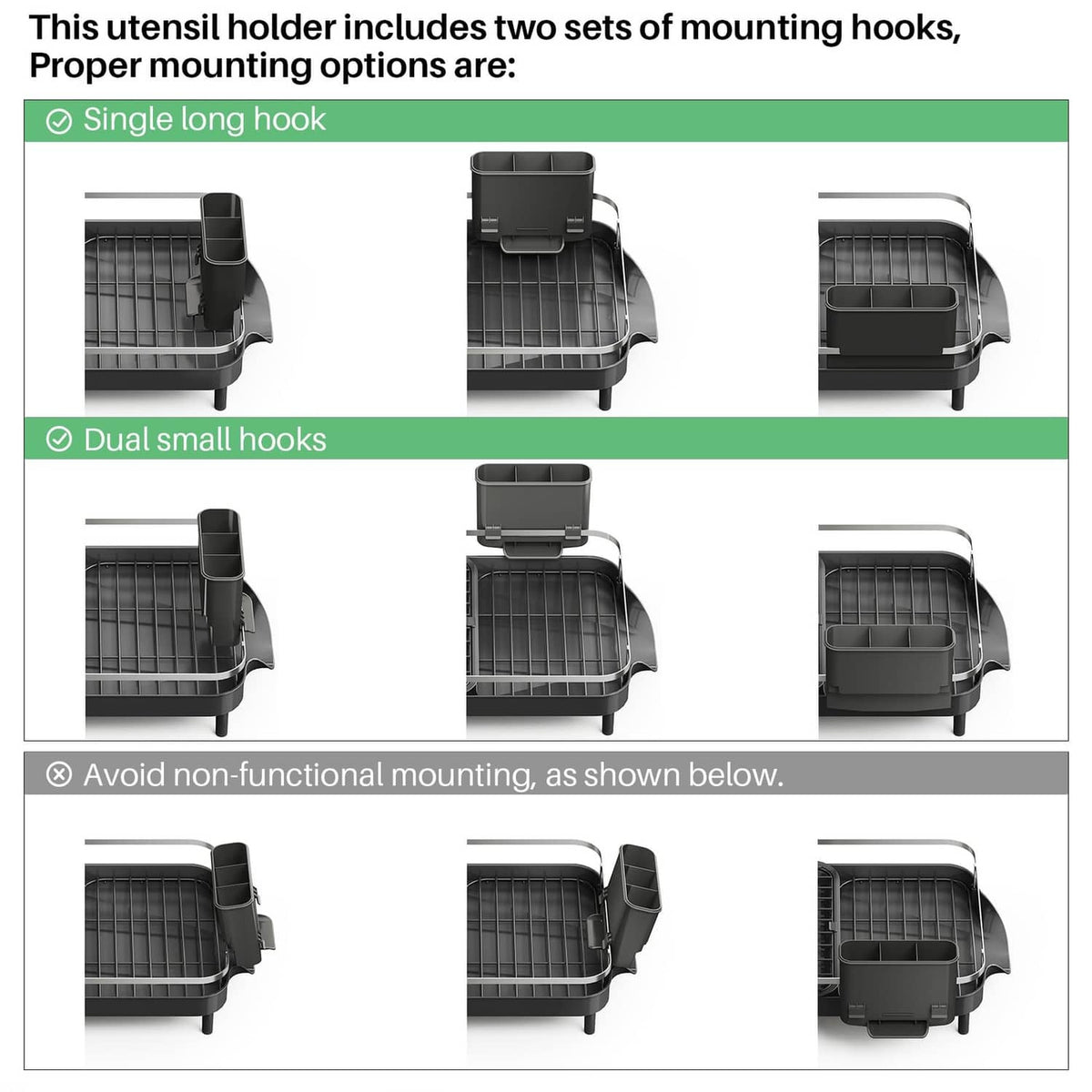 Black utensil holder attachment with two sets of mounting hooks for dish rack
