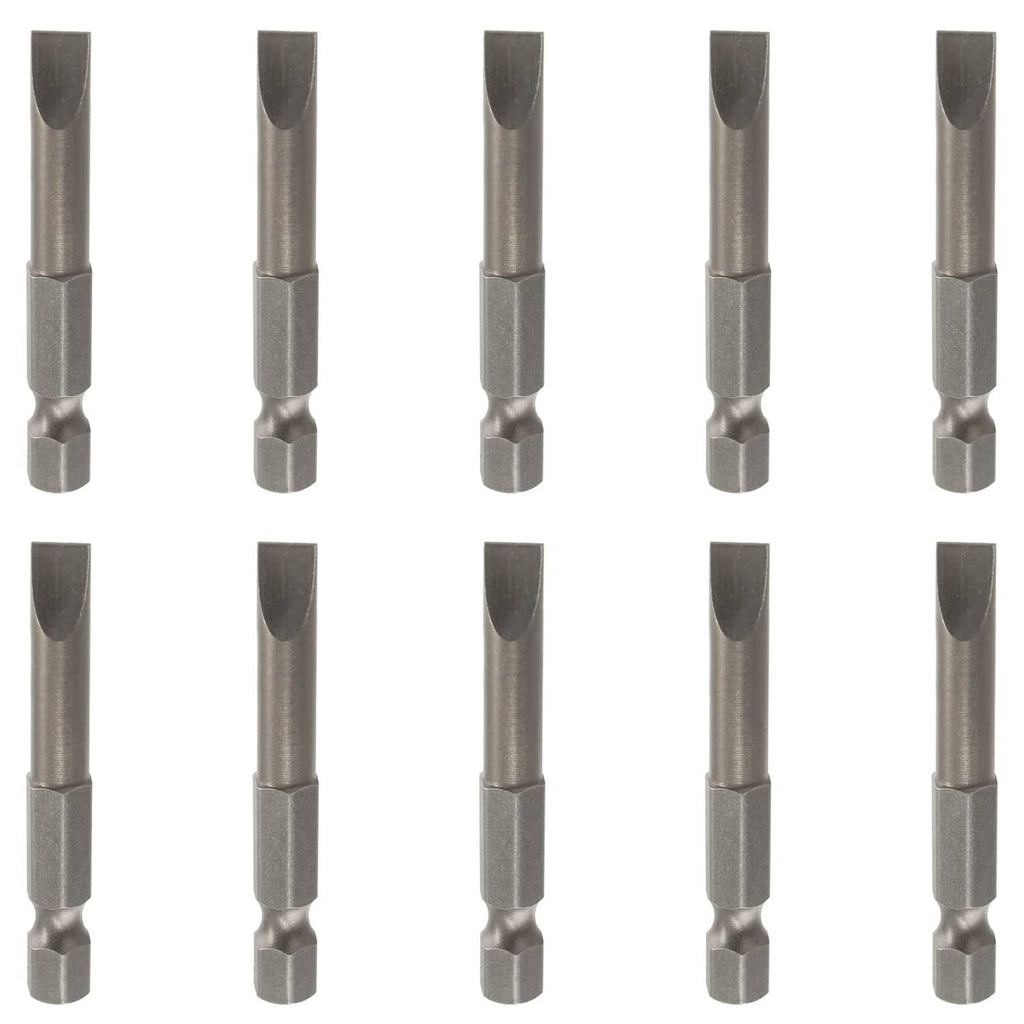10 magnetic flat-head slotted screwdriver bits with hex shanks, silver steel
