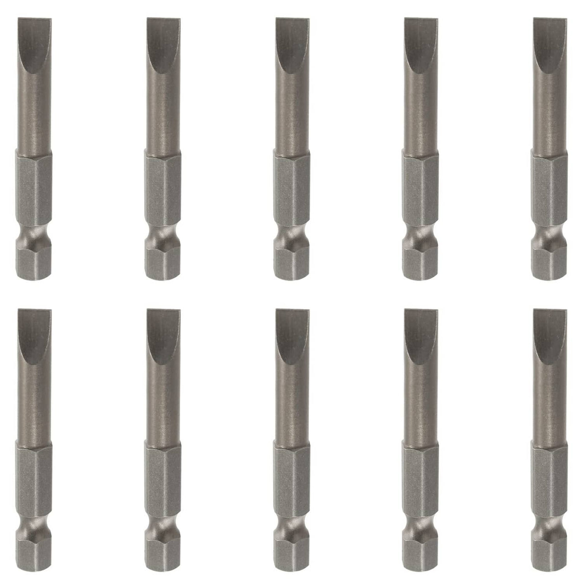 10 magnetic flat-head slotted screwdriver bits with hex shanks, silver steel
