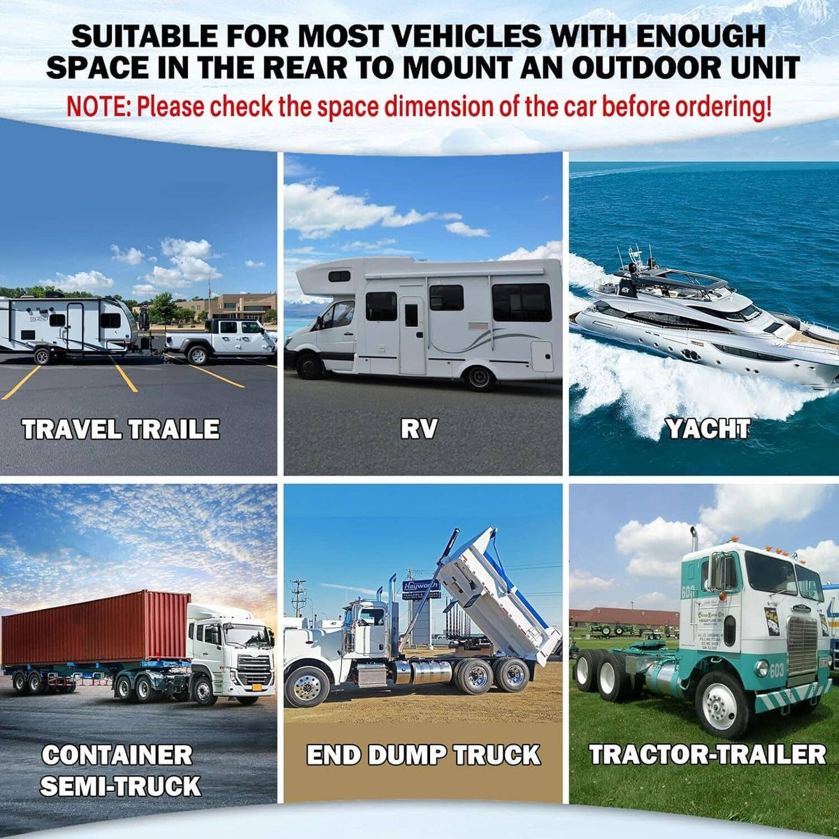 Split AC outdoor unit for vehicle mounting, shown on travel trailer, RV, and trucks