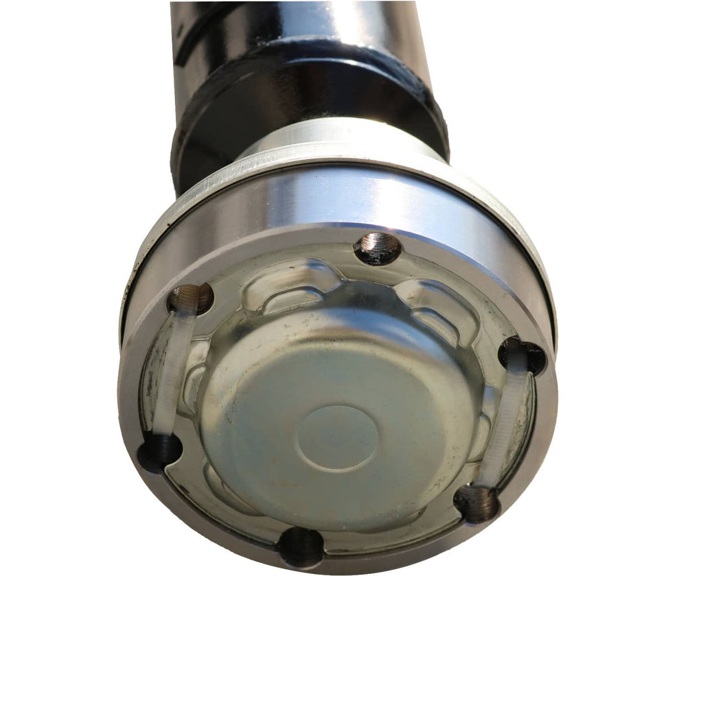 Drive shaft assembly joint end with silver flange and black rubber boot
