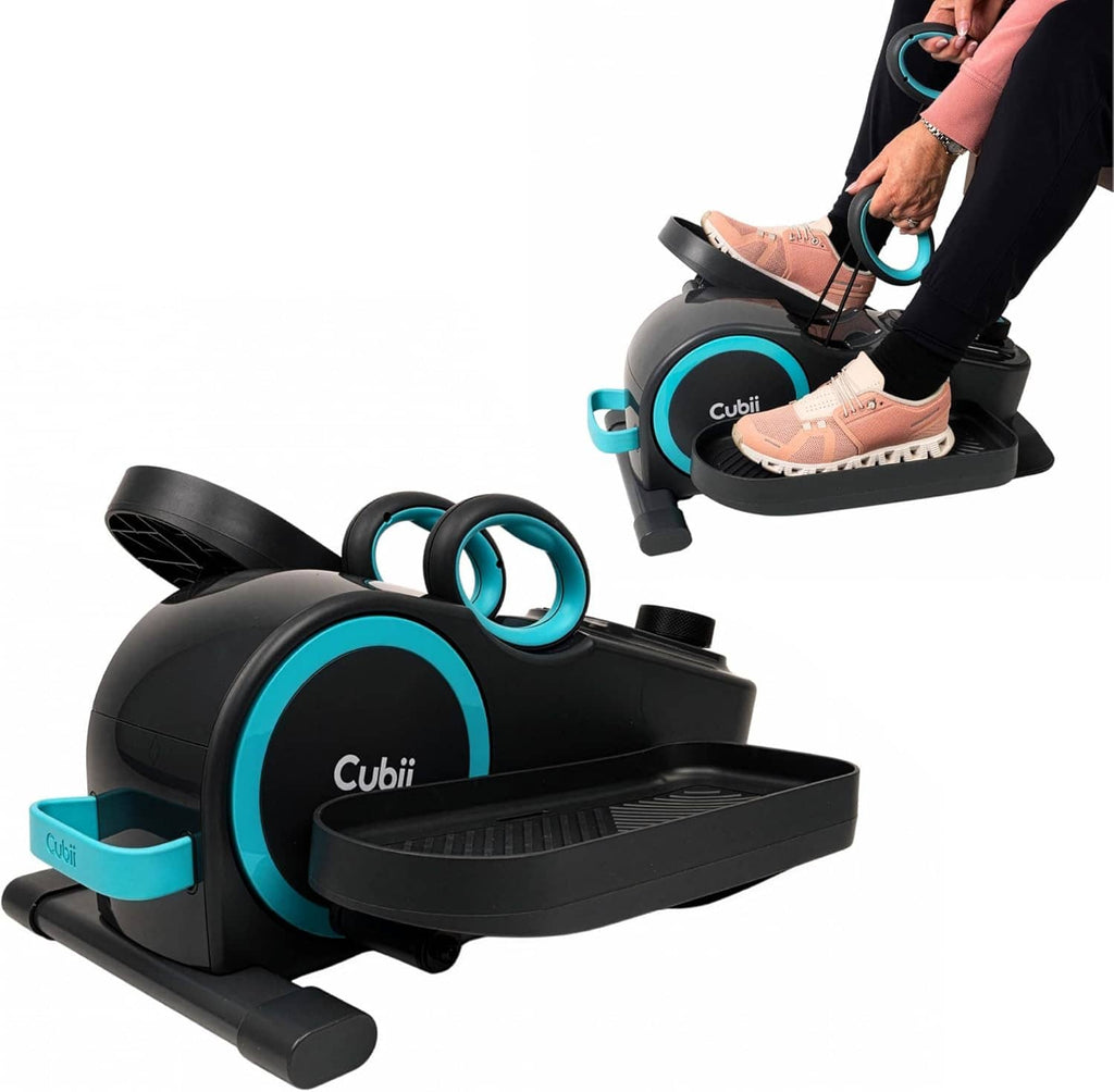Under-desk elliptical bike with teal resistance bands, foot pedals, and circular drive