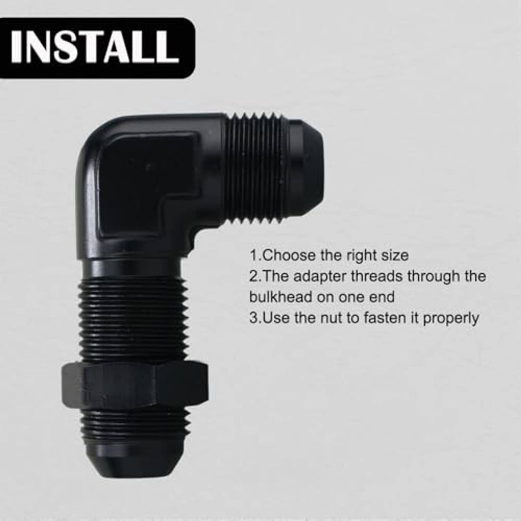 Black 90-degree bulkhead fitting adapter with nut, showing mounting threads