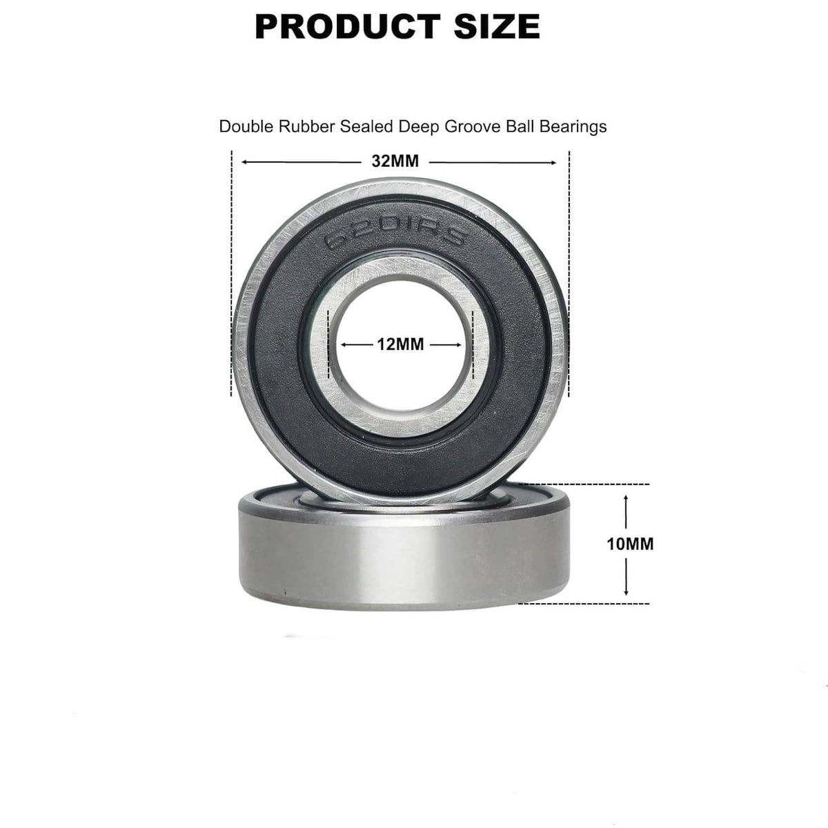 Double-sealed deep groove ball bearing with size markings: 32mm OD, 12mm ID, 10mm width