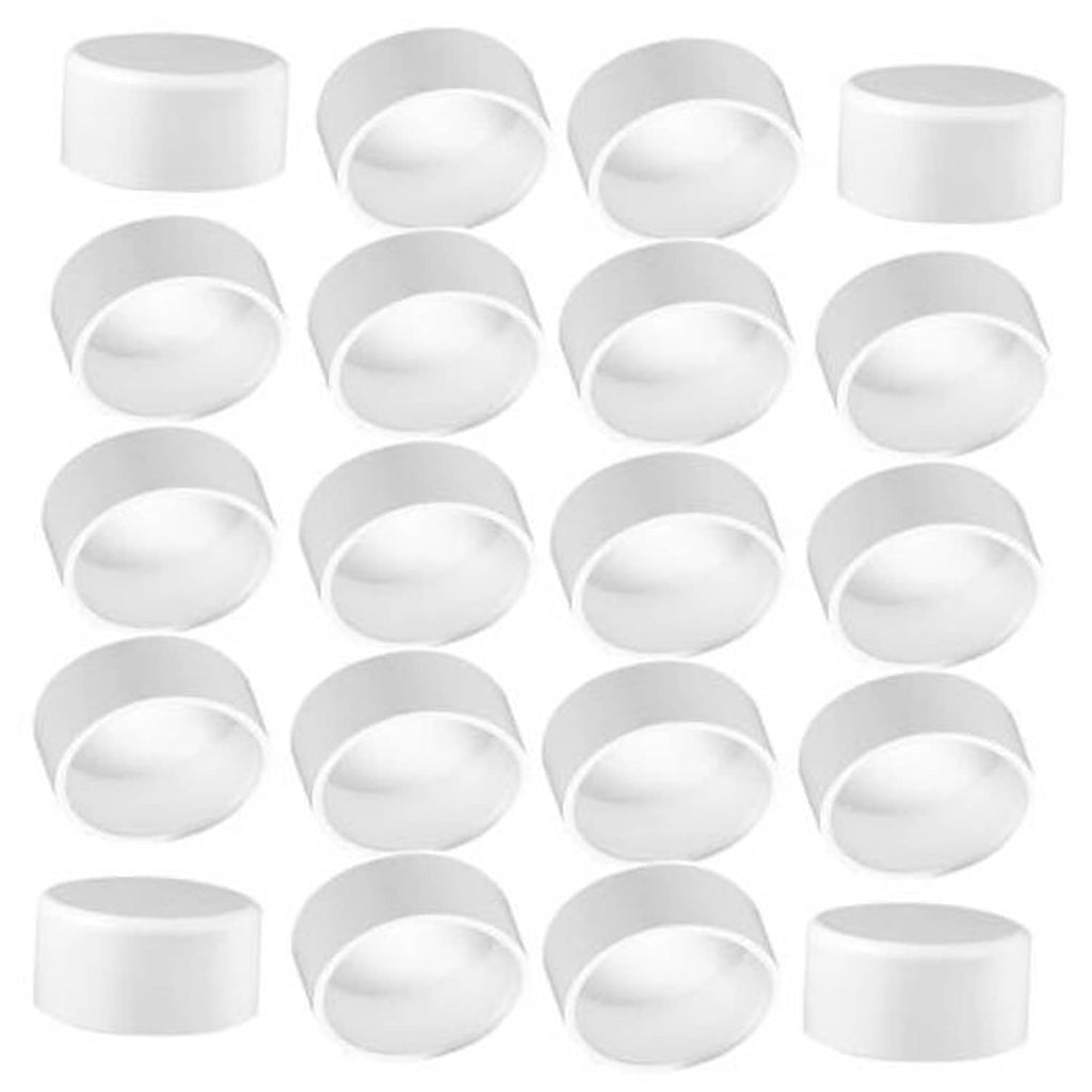 White PVC pipe end caps, 20-pack, cylindrical plugs with open socket ends