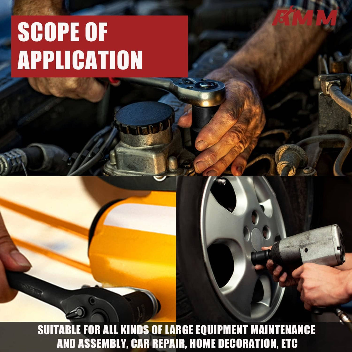 Black impact wrench with socket on large equipment wheel
