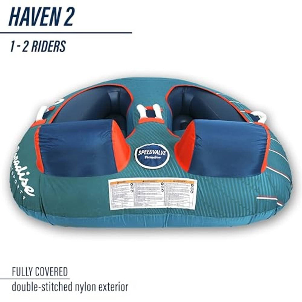 Teal water towable tube with three-ring seating, upright handles, and tow-ready front