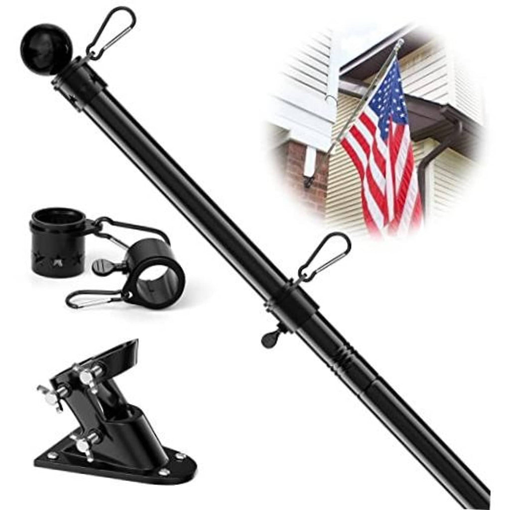 Black flagpole with wall mount bracket, lock parts, and rope-style clips