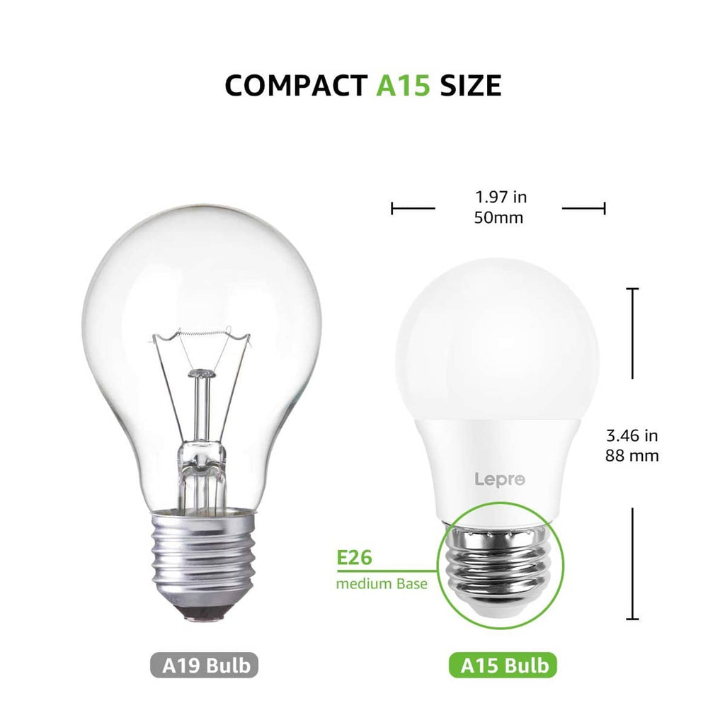 White A19 and A15 LED bulbs with metal screw bases and size measurements