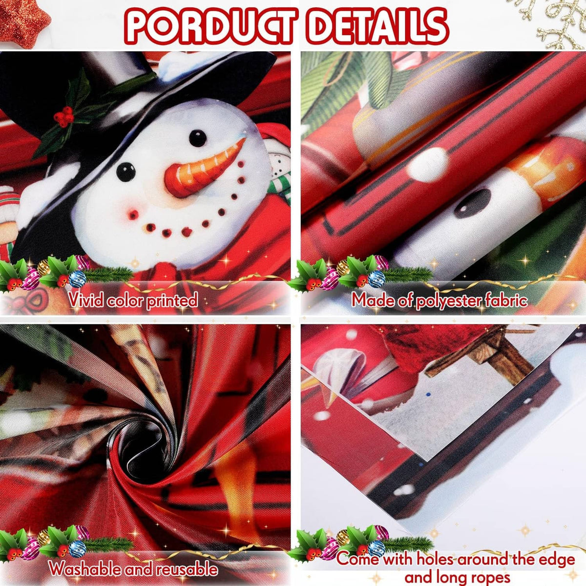 Polyester banner fabric with vivid printed snowman and red toy shop artwork