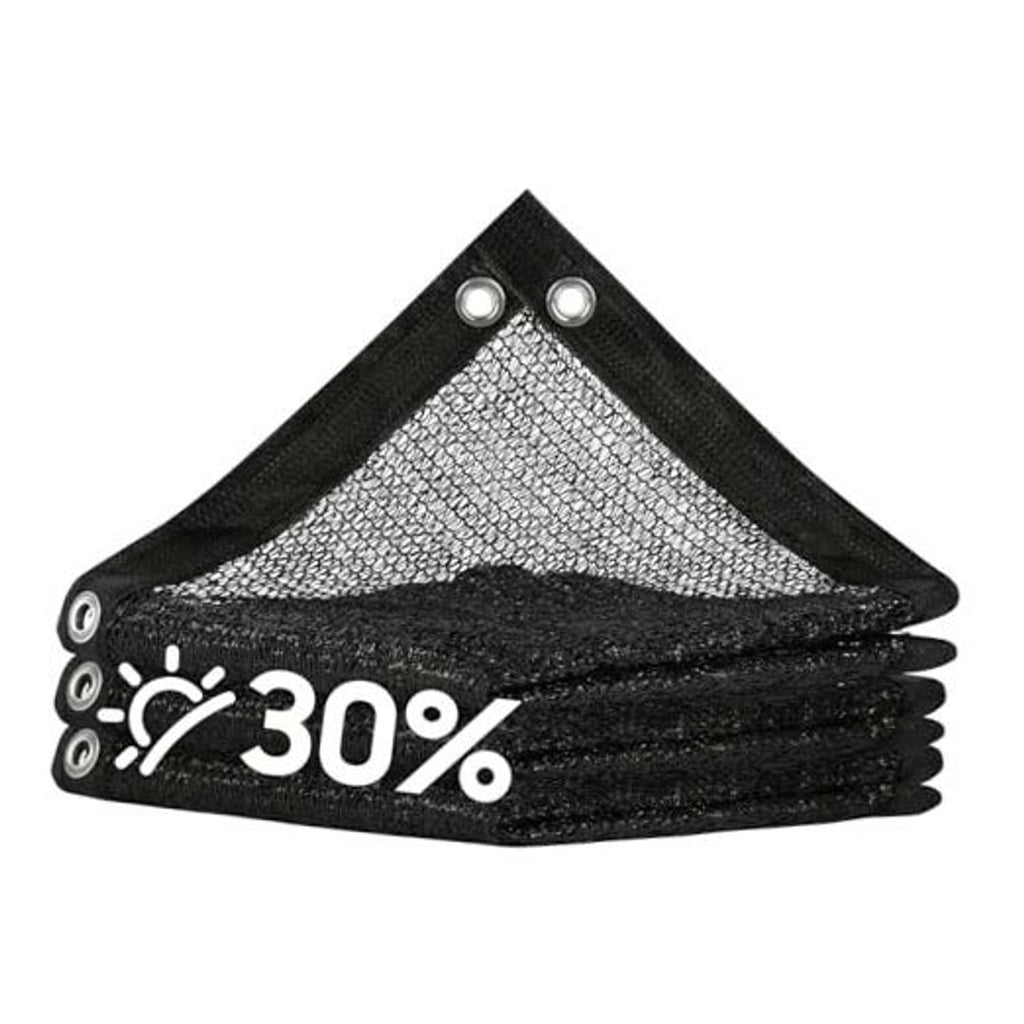 Black 30% shade cloth mesh tarp, folded with reinforced grommets and edge binding