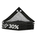 Black 30% shade cloth mesh tarp, folded with reinforced grommets and edge binding