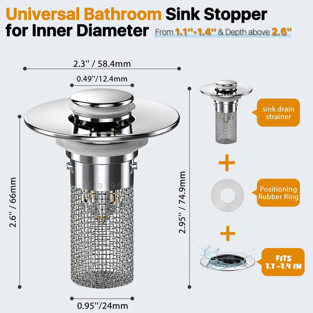Bathroom sink stopper hair catcher with chrome cover and included rubber ring