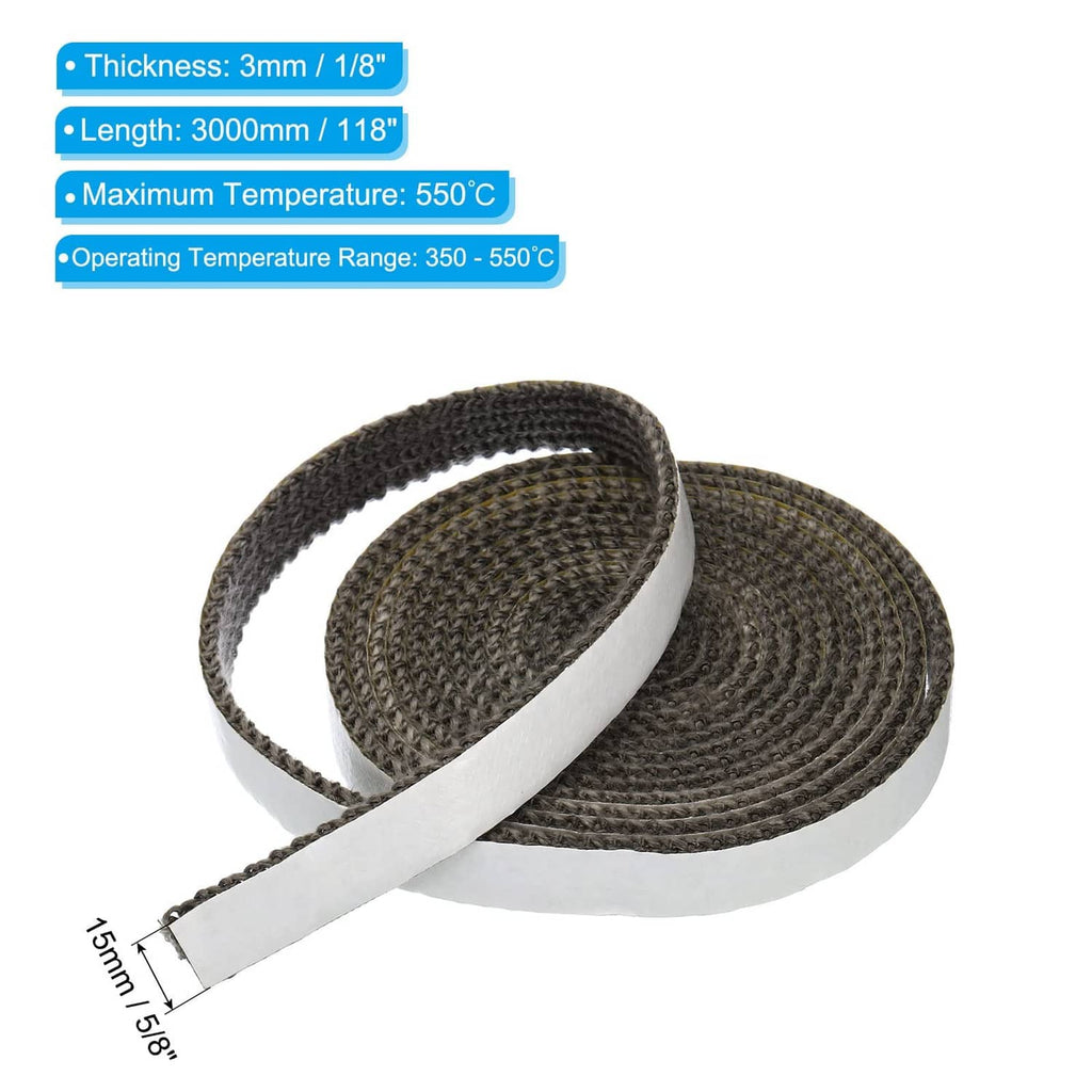 Graphite fiberglass stove gasket, coiled roll with white backing edge, dark gray