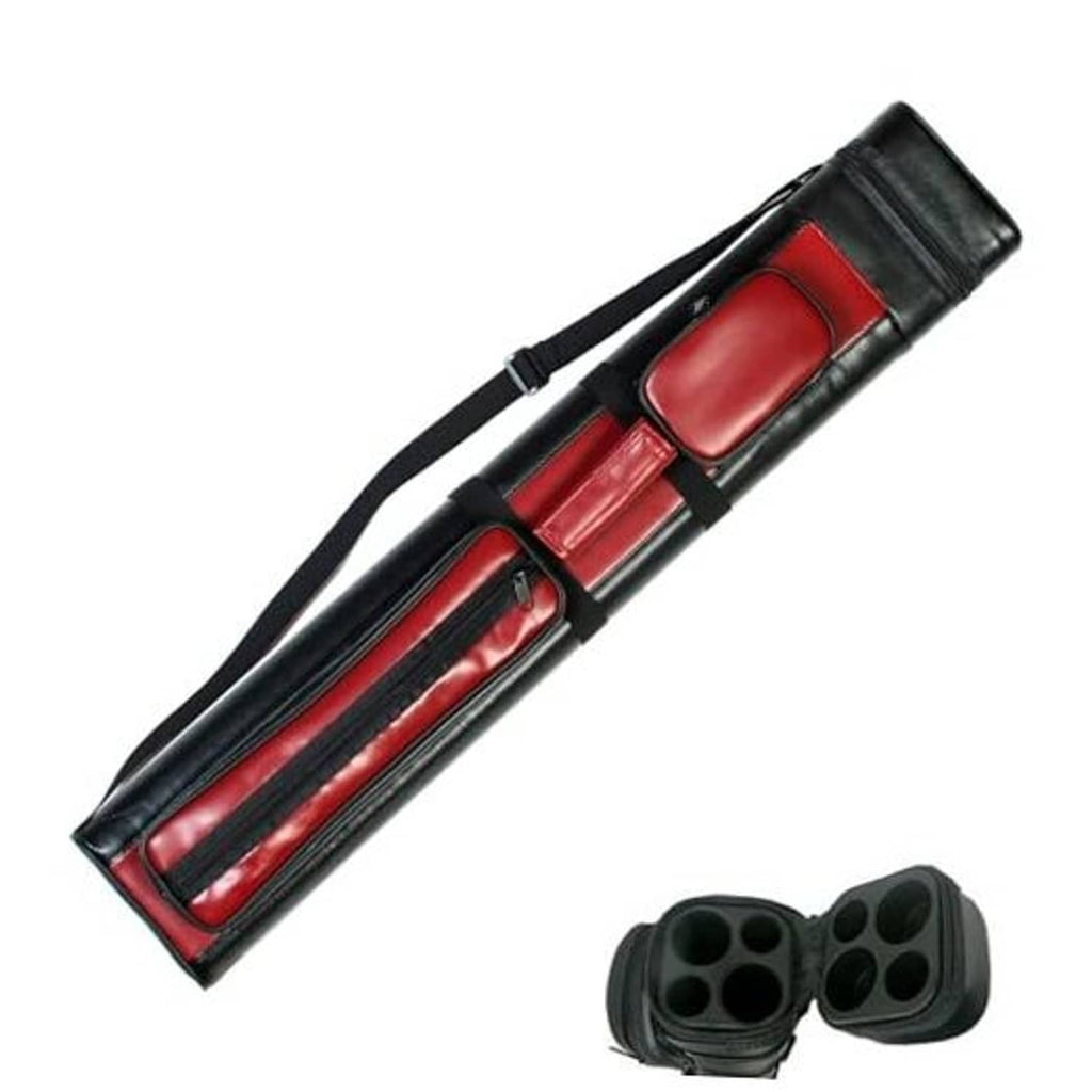 Black hard pool cue carrying case with red padded dividers, 2x2 storage interior