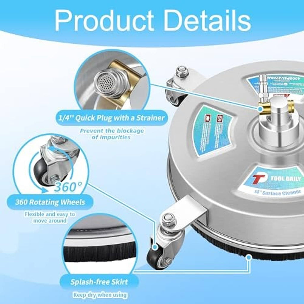 Stainless pressure washer surface cleaner head with rotating caster wheels and skirt