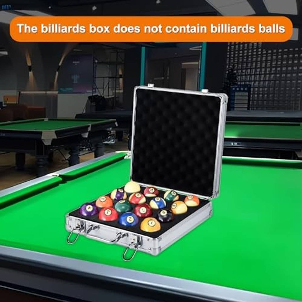 Billiards ball storage case with open lid and pool balls arranged in foam slots