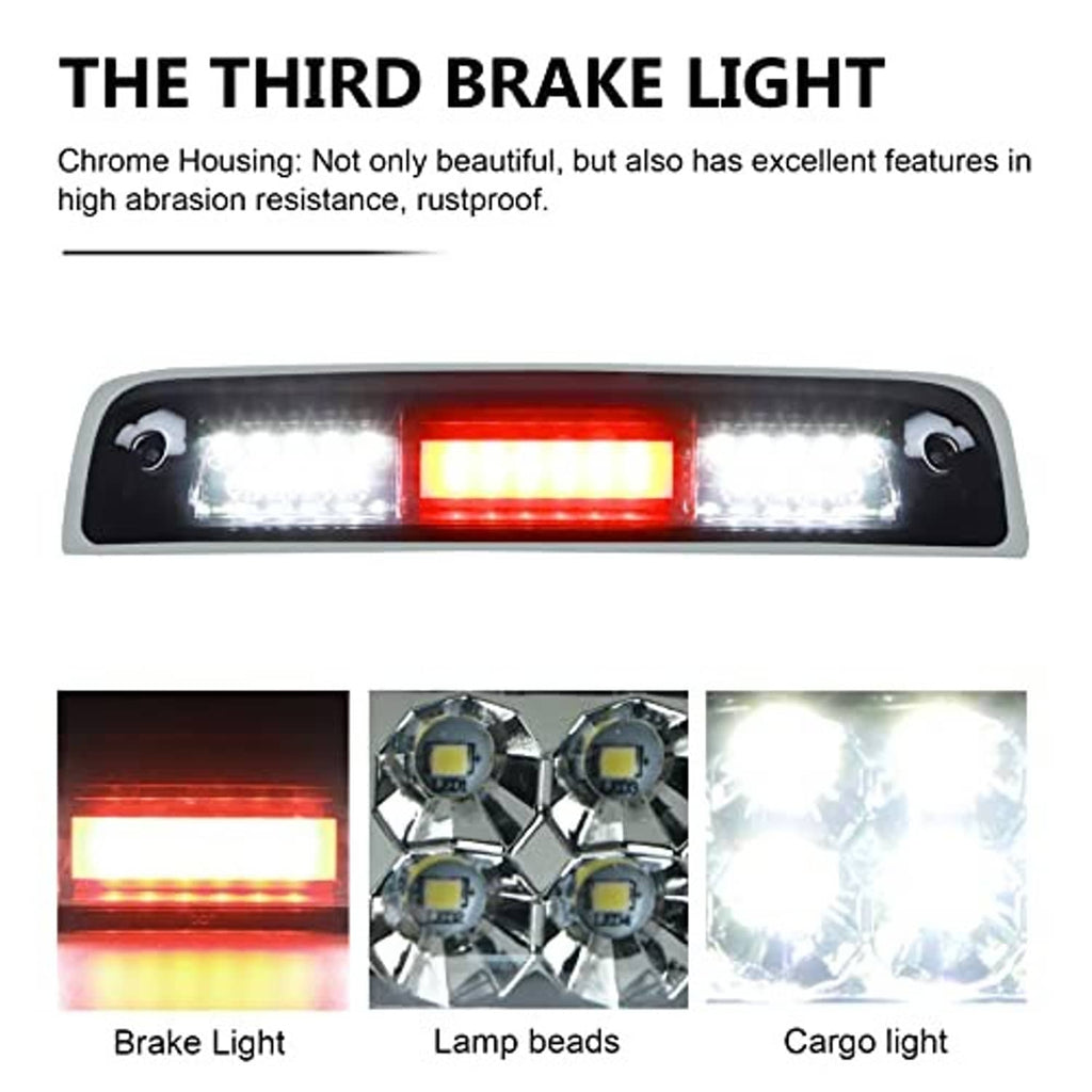 Chrome third brake light with smoked lens, red center LED bar and white side LEDs