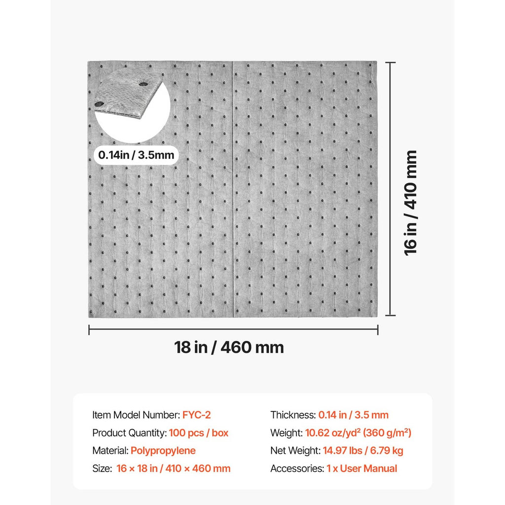 Absorbent pad size 16 x 18 in and thickness 0.14 in, grey perforated sheet.
