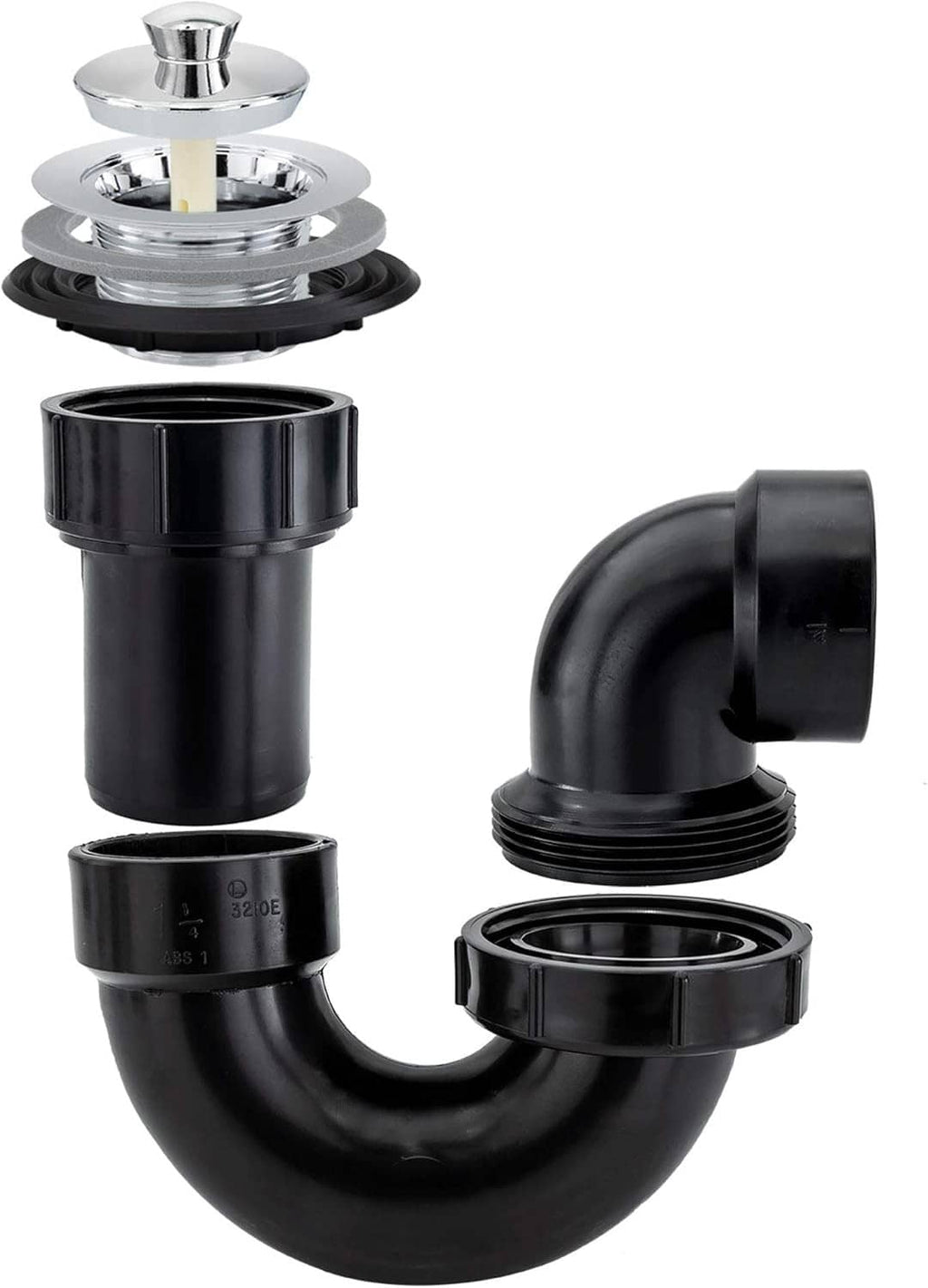 Black ABS RV shower drain P-trap fitting with chrome drain stopper
