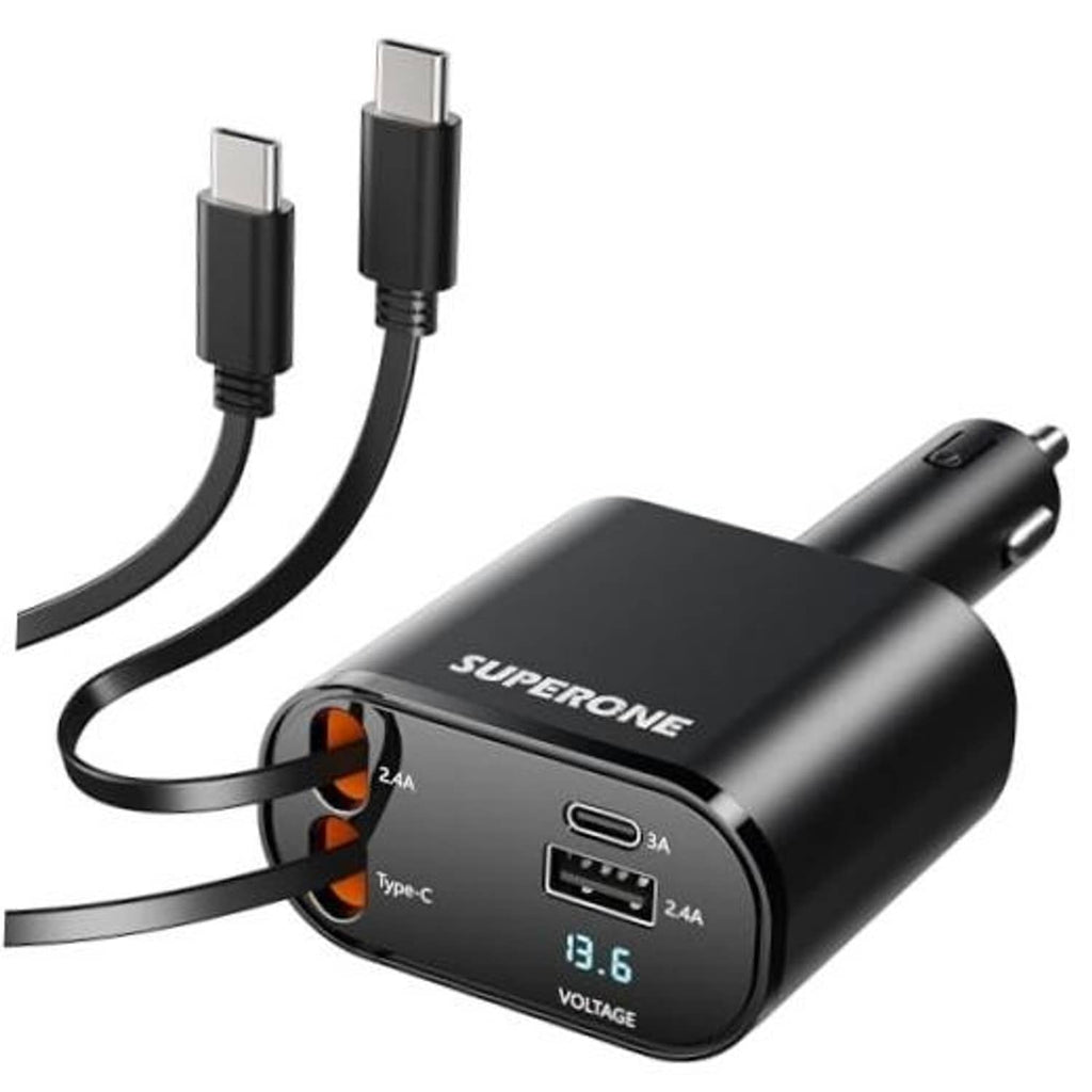 Retractable black car charger with two Type-C cables and dual USB-C ports