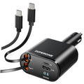 Retractable black car charger with two Type-C cables and dual USB-C ports