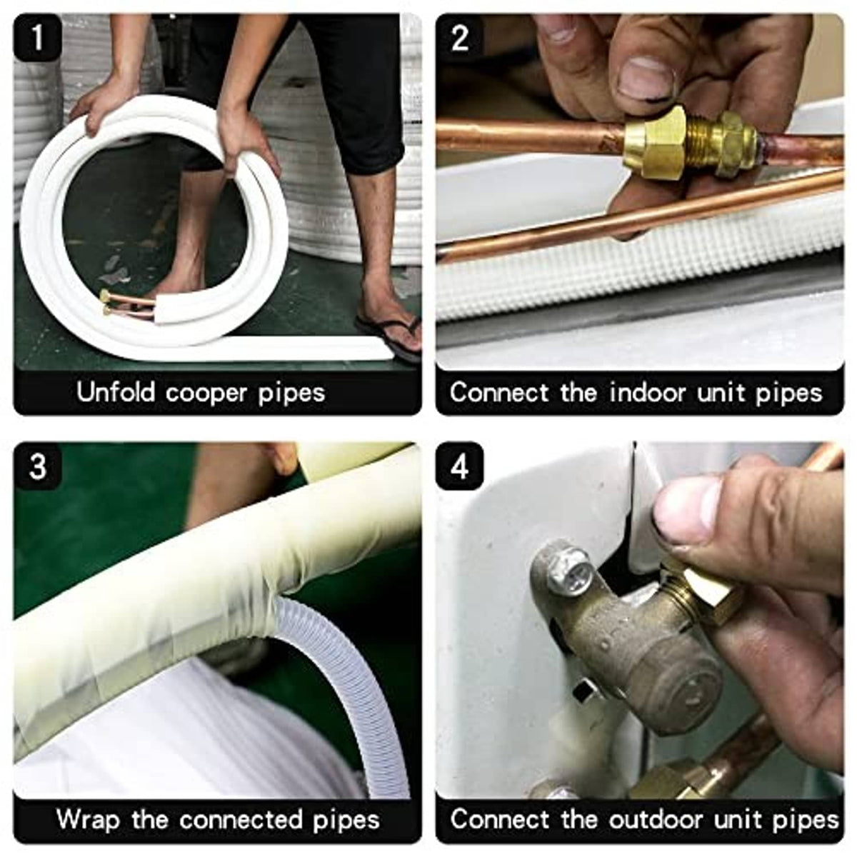 Mini split line set installation steps showing connecting and wrapping copper pipes