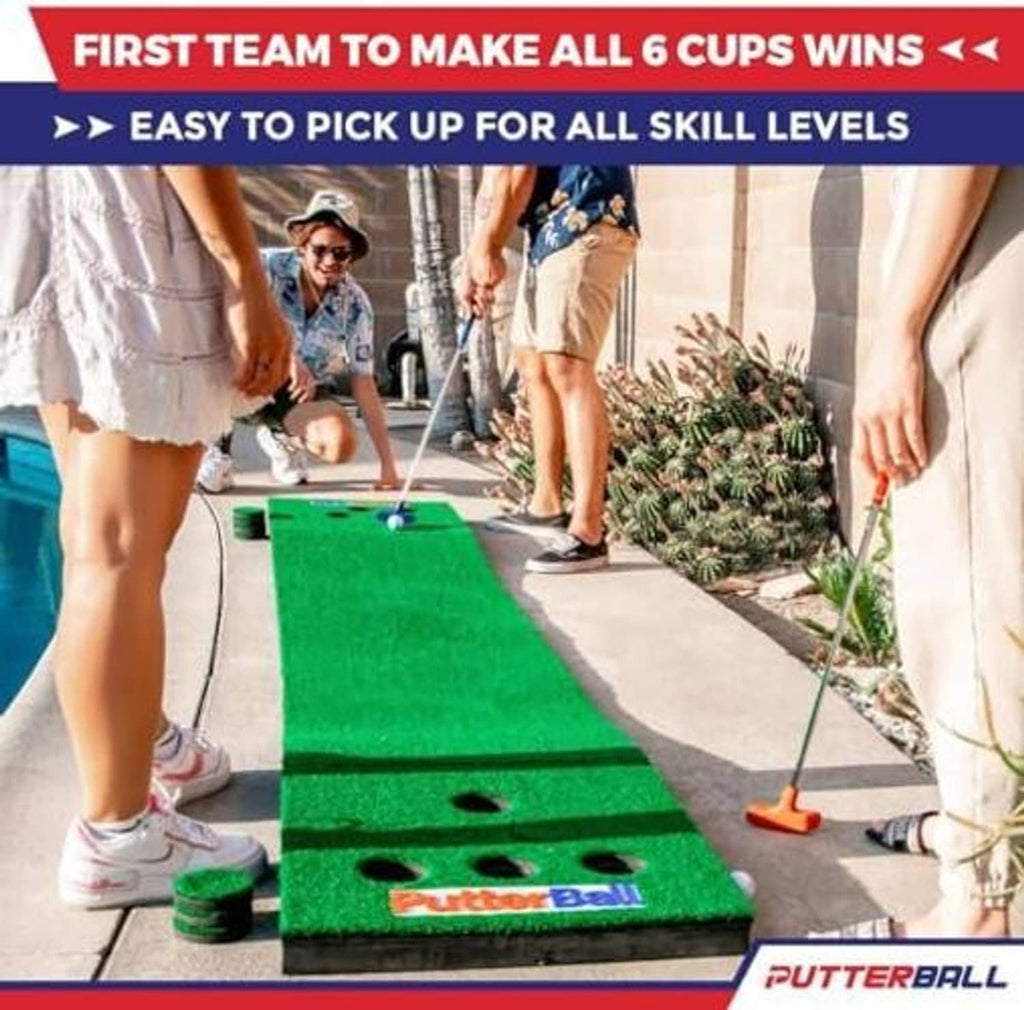 Green turf putting mat with holes and PutterBall logo; red putter shown beside it.