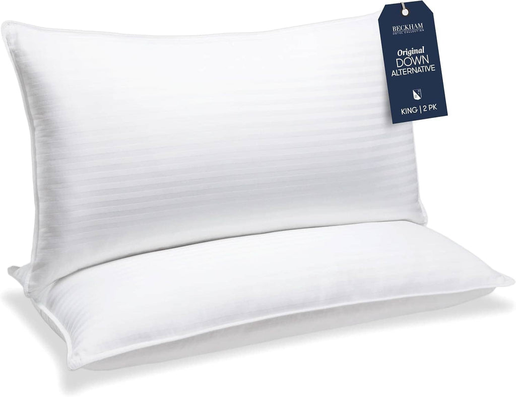 King-size down alternative bed pillows set of 2, white striped cover, square shape