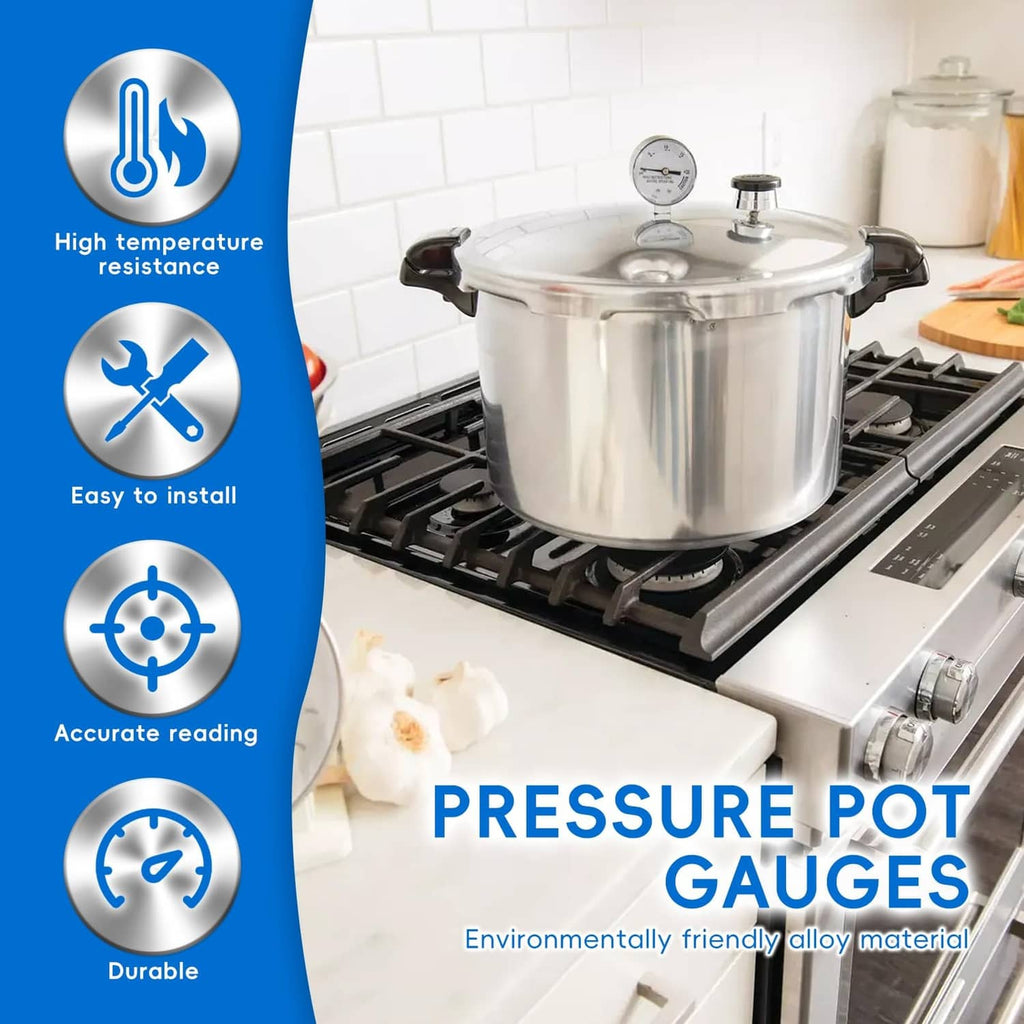 Pressure cooker gauge on stove over stainless steel pot