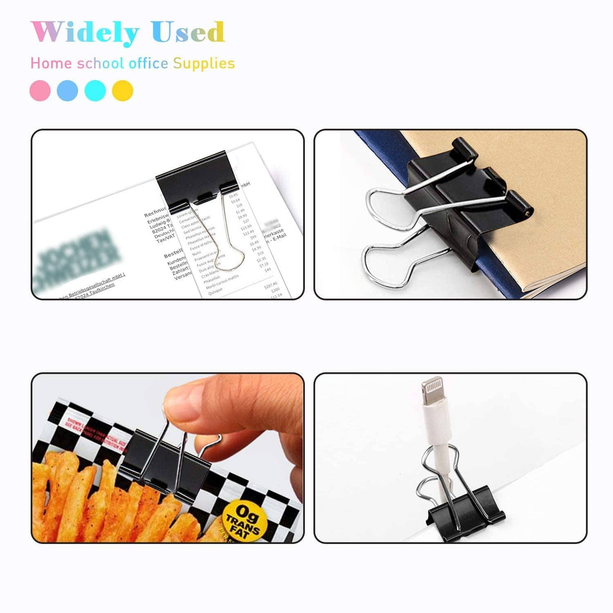 Black binder clips holding paperwork and a card stack for office use