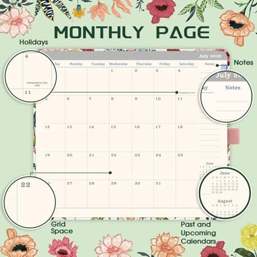 Monthly calendar page with date grid, notes area, and floral border at the top