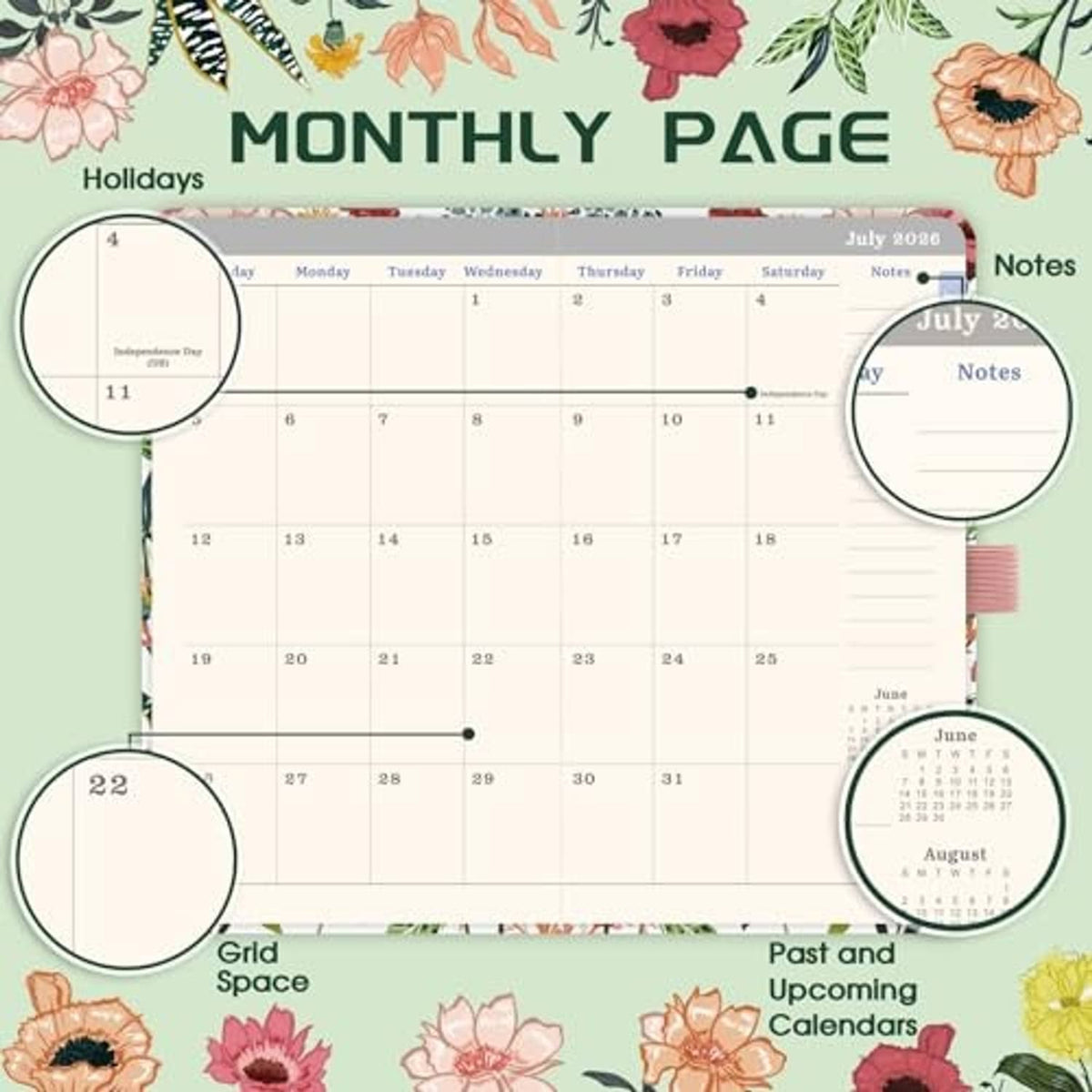 Monthly calendar page with date grid, notes area, and floral border at the top