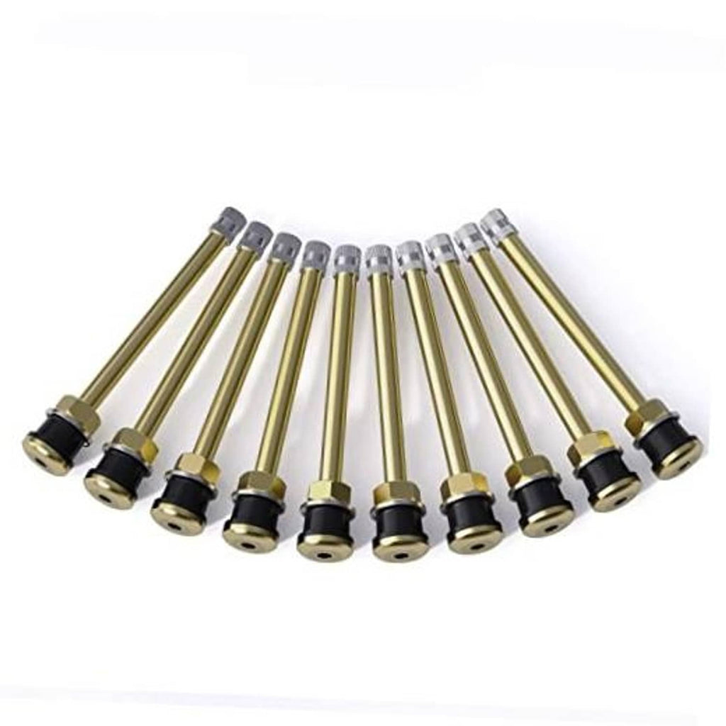 Set of brass tire valve stems with silver caps and black rubber bases, pack of 10