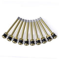 Set of brass tire valve stems with silver caps and black rubber bases, pack of 10