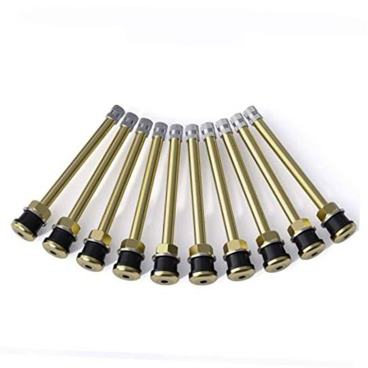 Set of brass tire valve stems with silver caps and black rubber bases, pack of 10