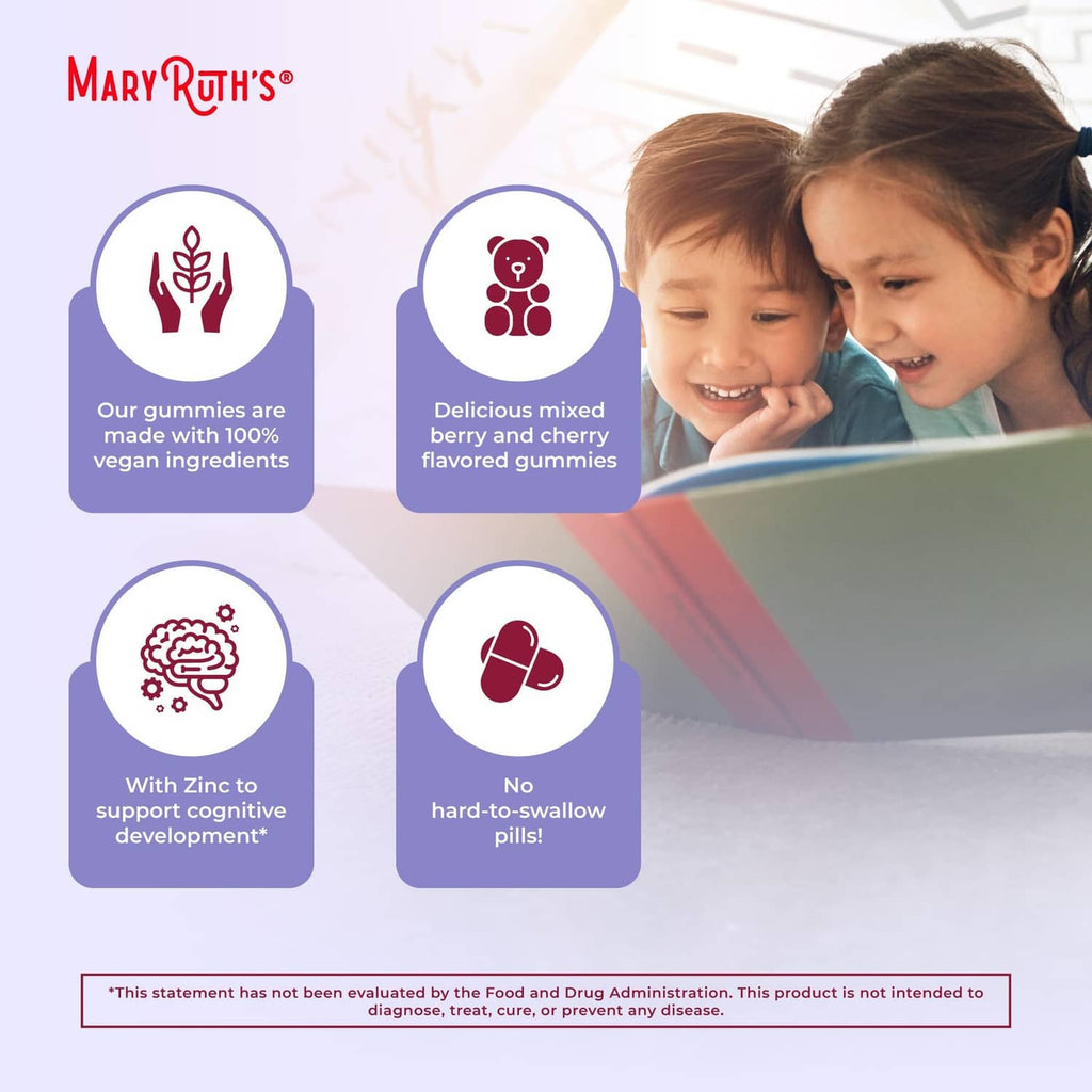Organic kids multivitamin gummies bottle with vegan, zinc, and no-to-sallow-pills icons