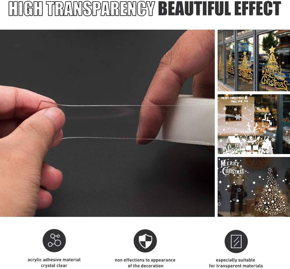 Transparent double-sided acrylic adhesive tape strip held between fingers