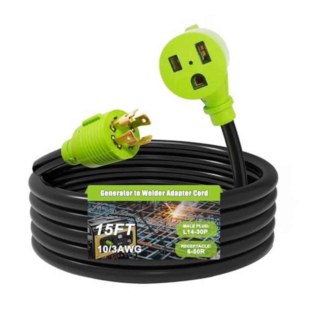 Coiled black adapter cord with green twist-lock plug and green connector end