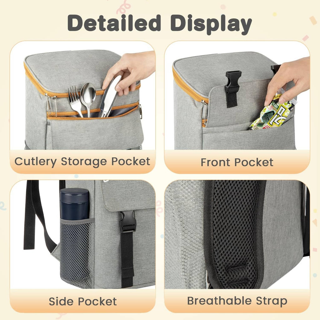 Grey cooler backpack showing front pocket, cutlery pouch, side mesh pouch and breathable strap