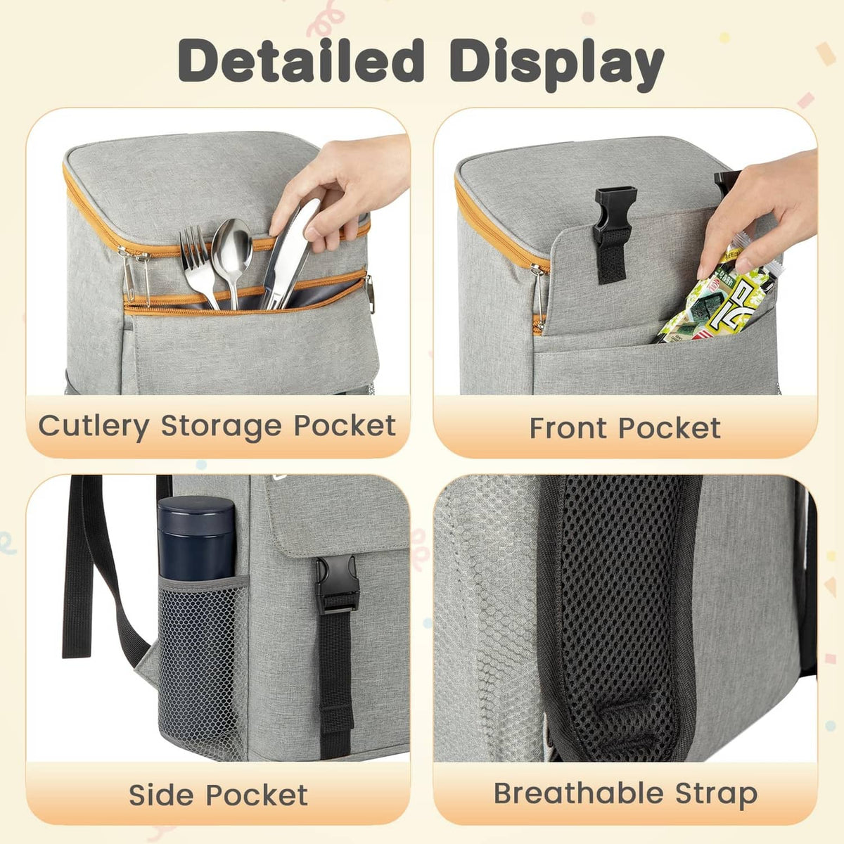 Grey cooler backpack showing front pocket, cutlery pouch, side mesh pouch and breathable strap