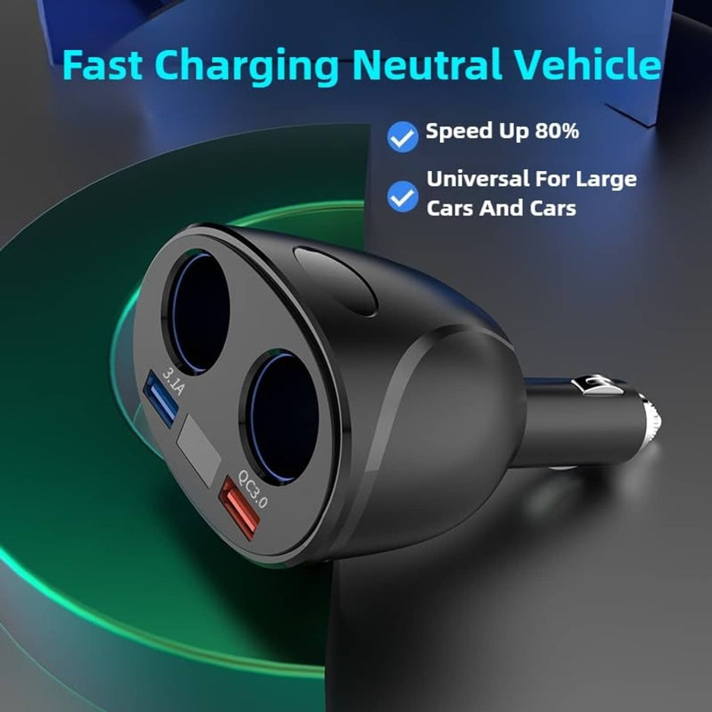 Black dual USB car charger plug with QC3.0 markings and circular LED indicator