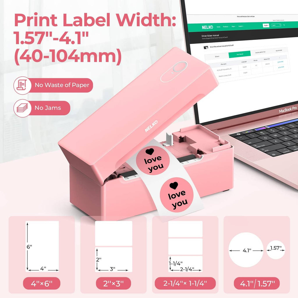 Pink thermal label printer showing a loaded 4x6 label beside a laptop