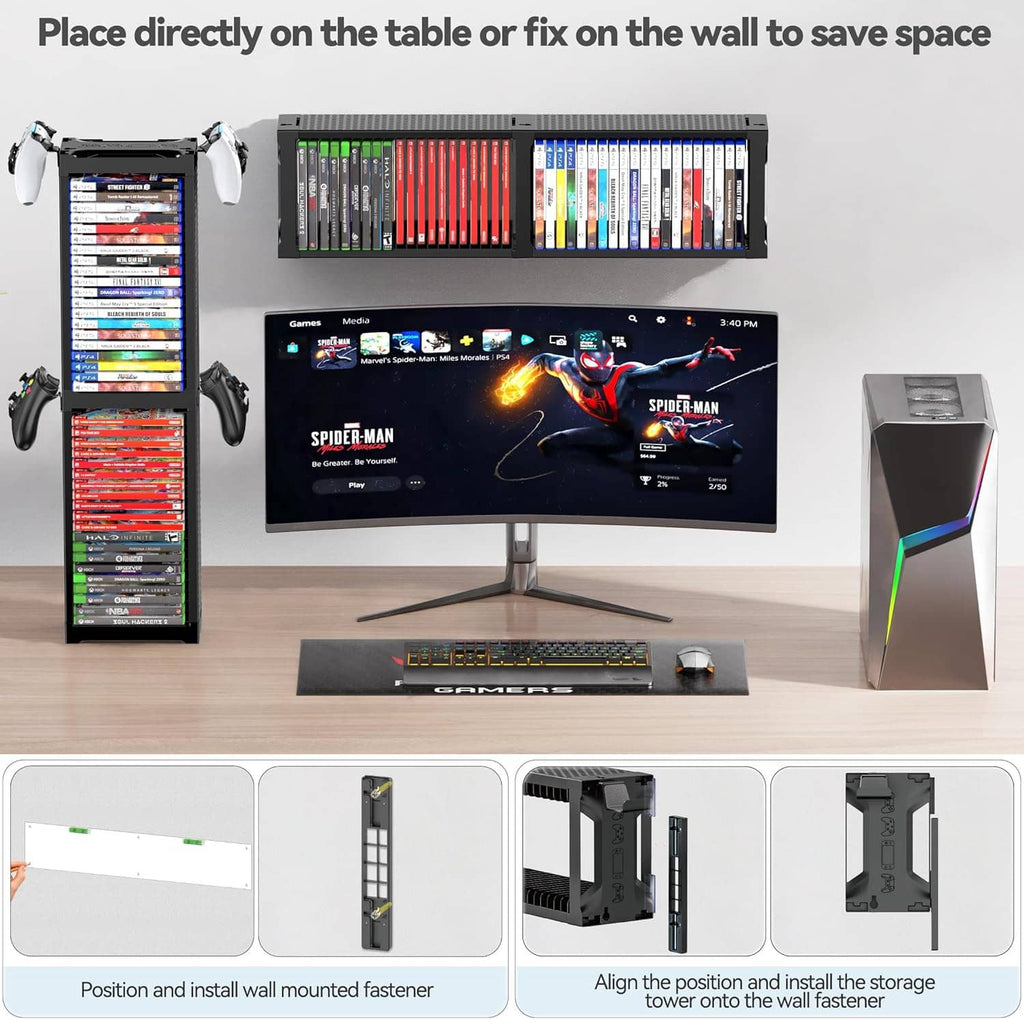 Black game disc rack tower mounted on wall and tabletop, holding stacked game cases