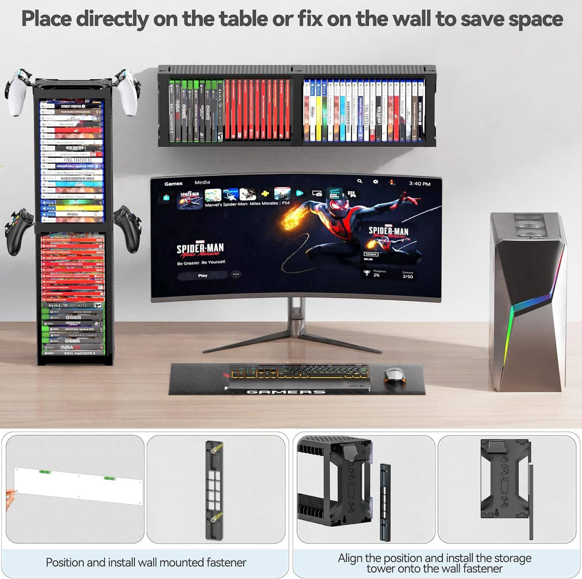 Black game disc rack tower mounted on wall and tabletop, holding stacked game cases